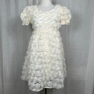 Girls Cream 3D Rosette Floral Special Occassion Dress Size 13Y Puff Sleeves